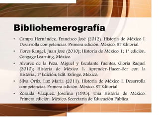 Bibliohemerografía
• Campa Hernández, Francisco José (2012). Historia de México I.
Desarrolla competencias. Primera edición. México: ST Editorial.
• Flores Rangel, Juan José (2010); Historia de México 1; 1ª edición,
Cengage Learning, México.
• Alvarez de la Peza, Miguel y Escalante Fuentes, Gloria Raquel
(2010); Historia de México 1: Aprender-Hacer-Ser con la
Historia; 1ª Edición, Edit. Esfinge, México.
• Silva Ortiz, Luz María (2011). Historia de México I. Desarrolla
competencias. Primera edición. México: ST Editorial.
• Zoraida Vázquez, Josefina (1995). Una Historia de México.
Primera edición. México: Secretaría de Educación Pública.
 