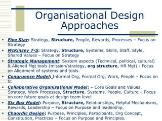 Organisational Design
                   Approaches
 Five Star: Strategy, Structure, People, Rewards, Processes – Focus on
  Strategy
 McKinsey 7-S: Strategy, Structure, Systems, Skills, Staff, Style,
  Shared Values – Focus on Strategy
 Strategic Management: System aspects (Technical, political, cultural)
  & Aligned Mgt tools (mission/strategy, org structure, HR Mgt) - Focus
  on Alignment of systems and tools.
 Congruence Model: Informal Org, Formal Org, Work, People – Focus on
  fit
 Collaborative Organisational Model: – Core Goals and Values,
  Strategy, Work Processes, Structure, Systems, People, Culture – Focus
  on core future goals at design team level
 Six Box Model: Purpose, Structure, Relationships, Helpful Mechanisms,
  Rewards, Leadership – Focus on Purpose and leadership.
 Chaordic Design: Purpose, Principles, Participants, Org Concept,
  Constitution, Practices – Focus on Purpose and Principles.
 