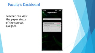 Faculty’s Dashboard
• Teacher can view
the paper status
of the courses
assigned.
 
