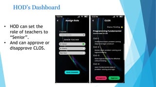 HOD’s Dashboard
• HOD can set the
role of teachers to
“Senior”.
• And can approve or
disapprove CLOS.
 