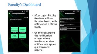 Faculty’s Dashboard
• After Login, Faculty
Members will see
this dashboard, with
notification & status
icons.
• On the right side is
the notifications
screen, where
teachers can view
notifications against
questions and
papers.
 