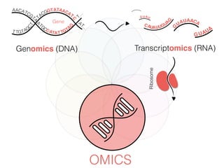OMICS
Genomics (DNA)
TACGGTATCAA ATCG
TA
A
TGCCATAT TGTAGC
T T TGT
A
G
CAA
AT
C
A
T…
T…
Gene
G
UAU CAA A
G UAU
G
CAUAUUGU
A
GUAUA
Transcriptomics (RNA)
Ribosome
 