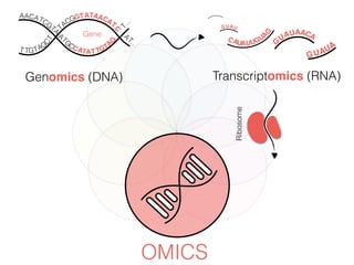 OMICS
Genomics (DNA)
TACGGTATCAA ATCG
TA
A
TGCCATAT TGTAGC
T T TGT
A
G
CAA
AT
C
A
T…
T…
Gene
G
UAU CAA A
G UAU
G
CAUAUUGU
...