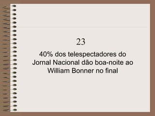 23
40% dos telespectadores do
Jornal Nacional dão boa-noite ao
William Bonner no final
 