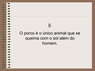 8
O porco é o único animal que se
queima com o sol além do
homem.
 