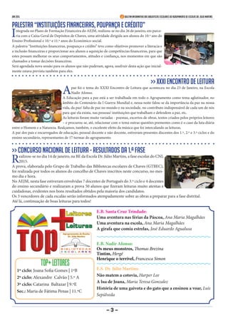 jan 2015 Boletim Informativo das Bibliotecas Escolares do Agrupamento de Escolas Dr. Júlio Martins
TOP+LEITORES
1º ciclo: Joana Sofia Gomes | 1ºB
2º ciclo: Alexandre Calvão | 5.º A
3º ciclo: Catarina Baltazar | 9.ºE
Sec.: Maria de Fátima Penas | 11.ºC
E.B. Santa Cruz Trindade:
Uma aventura nas férias da Páscoa, Ana Maria Magalhães
Uma aventura na escola, Ana Maria Magalhães
A girafa que comia estrelas, José Eduardo Agualusa
E.B. Nadir Afonso:
Os meus monstros, Thomas Brezina
Tintim, Hergé
Henrique o terrível, Francesca Simon
E.S. Dr. Júlio Martins:
Não matem a cotovia, Harper Lee
A lua de Joana, Maria Teresa Gonzalez
História de uma gaivota e do gato que a ensinou a voar, Luís
Sepúlveda
- 3 -
Palestra “Instituições financeiras, poupança e crédito”
Integrada no Plano de Formação Financeira do AEJM, realizou-se no dia 26 de janeiro, em parce-
ria com a Caixa Geral de Depósitos de Chaves, uma atividade dirigida aos alunos do 10.º ano do
Ensino Profissional e 10.º e 11.º anos do Económico-social.
A palestra “Instituições financeiras, poupança e crédito” teve como objetivos promover a literacia e
a inclusão financeiras e proporcionar aos alunos a aquisição de competências financeiras, para que
estes possam melhorar os seus comportamentos, atitudes e confiança, nos momentos em que são
chamados a tomar decisões financeiras.
Será agendada nova sessão para os alunos que não puderam, agora, usufruir desta ação que inicial-
mente estava prevista também para eles.
>> XXXI Encontro de Leitura
Apaz foi o tema do XXXI Encontro de Leitura que aconteceu no dia 23 de Janeiro, na Escola
Nadir Afonso.
A Educação para a paz está a ser trabalhada em todo o Agrupamento como tema aglutinador, no
âmbito do Centenário da I Guerra Mundial e, nessa noite falou-se da importância da paz na nossa
vida, da paz/ falta de paz no mundo e na sociedade, no contributo indispensável de cada um de nós
para que ela exista, nas pessoas/ instituições que trabalham e defendem a paz, etc.
As leituras foram muito variadas - poemas, excertos de obras, textos criados pelos próprios leitores
– e procurou-se, até, relacionar com o tema outras questões prementes como é o caso da luta diária
entre o Homem e a Natureza. Realçamos, também, o excelente efeito da música que foi intercalando as leituras.
A par dos pais e encarregados de educação, pessoal docente e não docente, estiveram presentes discentes dos 1.º, 2.º e 3.º ciclos e do
ensino secundário, representantes de 17 turmas do agrupamento.
>> Concurso Nacional de Leitura - resultados da 1.ª fase
Realizou-se no dia 14 de janeiro, na BE da Escola Dr. Júlio Martins, a fase escolas do CNL
2015.
A prova, elaborada pelo Grupo de Trabalho das Bibliotecas escolares de Chaves (GTBEC),
foi realizada por todos os alunos do concelho de Chaves inscritos neste concurso, no mes-
mo dia e hora.
No AEJM, nesta fase estiveram envolvidas 7 docentes de Português do 3.º ciclo e 4 docentes
do ensino secundário e realizaram a prova 50 alunos que fizeram leituras muito atentas e
cuidadosas, evidentes nos bons resultados obtidos pela maioria dos candidatos.
Os 3 vencedores de cada escalão serão informados atempadamente sobre as obras a preparar para a fase distrital.
Até lá, continuação de boas leituras para todos!
 