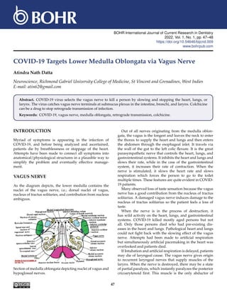 BOHR International Journal of Current Research in Dentistry
2022, Vol. 1, No. 1, pp. 47–48
https://doi.org/10.54646/bijcrid.009
www.bohrpub.com
COVID-19 Targets Lower Medulla Oblongata via Vagus Nerve
Atindra Nath Datta
Neuroscience, Richmond Gabriel University College of Medicine, St Vincent and Grenadines, West Indies
E-mail: atin62@gmail.com
Abstract. COVID-19 virus selects the vagus nerve to kill a person by slowing and stopping the heart, lungs, or
larynx. The virus catches vagus nerve terminals at submucus plexus in the intestine, bronchi, and larynx. Colchicine
can be a drug to stop retrograde transmission of infection.
Keywords: COVID-19, vagus nerve, medulla oblongata, retrograde transmission, colchicine.
INTRODUCTION
Myriad of symptoms is appearing in the infection of
COVID-19, and before being analyzed and ascertained,
patients die by breathlessness or stoppage of the heart.
Attempts have been made to connect all symptoms into
anatomical/physiological structures in a plausible way to
simplify the problem and eventually effective manage-
ment.
VAGUS NERVE
As the diagram depicts, the lower medulla contains the
nuclei of the vagus nerve, i.e.; dorsal nuclei of vagus,
nucleus of tractus solitaries, and contribution from nucleus
ambiguus.
Section of medulla oblongata depicting nuclei of vagus and
hypoglossal nerves.
Out of all nerves originating from the medulla oblon-
gata, the vagus is the longest and leaves the neck to enter
the thorax to supply the heart and lungs and then enters
the abdomen through the esophageal inlet. It travels via
the wall of the gut to the left colic flexure. It is the great
parasympathetic nerve that controls the heart, lungs, and
gastrointestinal systems. It inhibits the heart and lungs and
slows their rate, while in the case of the gastrointestinal
system, it increases their rate of contraction. When the
nerve is stimulated, it slows the heart rate and slows
respiration which forces the person to go to the toilet
multiple times. These features are quite evident in COVID-
19 patients.
Many observed loss of taste sensation because the vagus
nerve has a good contribution from the nucleus of tractus
solitarius. A damaged vagus nerve induces damage to the
nucleus of tractus solitarius so the patient feels a loss of
taste.
When the nerve is in the process of destruction, it
has wild activity on the heart, lungs, and gastrointestinal
systems. COVID-19 killed mostly aged persons but not
all. Only those persons died who had pre-existing dis-
eases in the heart and lungs. Pathological heart and lungs
could not fight back with the slowing effect of the vagus
nerve. Attempts had been made to artificial respiration
but simultaneously artificial pacemaking in the heart was
overlooked and patients died.
If Intubation and artificial respiration is delayed, patients
may die of laryngeal cause. The vagus nerve gives origin
to recurrent laryngeal nerves that supply muscles of the
larynx. When the nerve is destroyed, there may be a state
of partial paralysis, which instantly paralyzes the posterior
cricoarytenoid first. This muscle is the only abductor of
47
 