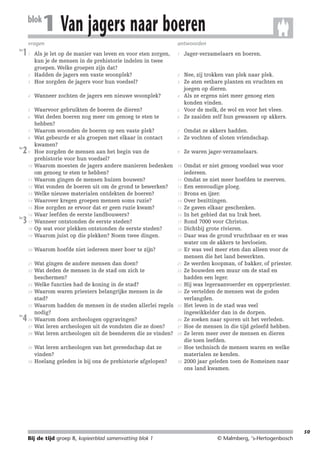 214719_BDT3_KB8_samenv

blok

08-07-2004

12:59

Pagina 50

1 Van jagers naar boeren

vragen
les

1

antwoorden
1

Jager-verzamelaars en boeren.

2

3

Als je let op de manier van leven en voor eten zorgen,
kun je de mensen in de prehistorie indelen in twee
groepen. Welke groepen zijn dat?
Hadden de jagers een vaste woonplek?
Hoe zorgden de jagers voor hun voedsel?

4

Wanneer zochten de jagers een nieuwe woonplek?

4

5

5

19

Waarvoor gebruikten de boeren de dieren?
Wat deden boeren nog meer om genoeg te eten te
hebben?
Waarom woonden de boeren op een vaste plek?
Wat gebeurde er als groepen met elkaar in contact
kwamen?
Hoe zorgden de mensen aan het begin van de
prehistorie voor hun voedsel?
Waarom moesten de jagers andere manieren bedenken
om genoeg te eten te hebben?
Waarom gingen de mensen huizen bouwen?
Wat vonden de boeren uit om de grond te bewerken?
Welke nieuwe materialen ontdekten de boeren?
Waarover kregen groepen mensen soms ruzie?
Hoe zorgden ze ervoor dat er geen ruzie kwam?
Waar leefden de eerste landbouwers?
Wanneer ontstonden de eerste steden?
Op wat voor plekken ontstonden de eerste steden?
Waarom juist op die plekken? Noem twee dingen.

Nee, zij trokken van plek naar plek.
Ze aten eetbare planten en vruchten en
joegen op dieren.
Als ze ergens niet meer genoeg eten
konden vinden.
Voor de melk, de wol en voor het vlees.
Ze zaaiden zelf hun gewassen op akkers.

20

Waarom hoefde niet iedereen meer boer te zijn?

20

21

Wat gingen de andere mensen dan doen?
Wat deden de mensen in de stad om zich te
beschermen?
Welke functies had de koning in de stad?
Waarom waren priesters belangrijke mensen in de
stad?
Waarom hadden de mensen in de steden allerlei regels
nodig?
Waarom doen archeologen opgravingen?
Wat leren archeologen uit de vondsten die ze doen?
Wat leren archeologen uit de beenderen die ze vinden?

21

Wat leren archeologen van het gereedschap dat ze
vinden?
Hoelang geleden is bij ons de prehistorie afgelopen?

29

1

2

6

7
8
les

2

9

10

11
12
13
14
15
les

3

16
17
18

22

23
24

25
les

4

26
27
28

29

30

3

6

8

Omdat ze akkers hadden.
Ze vochten of sloten vriendschap.

9

Ze waren jager-verzamelaars.

10

Omdat er niet genoeg voedsel was voor
iedereen.
Omdat ze niet meer hoefden te zwerven.
Een eenvoudige ploeg.
Brons en ijzer.
Over bezittingen.
Ze gaven elkaar geschenken.
In het gebied dat nu Irak heet.
Rond 7000 voor Christus.
Dichtbij grote rivieren.
Daar was de grond vruchtbaar en er was
water om de akkers te bevloeien.
Er was veel meer eten dan alleen voor de
mensen die het land bewerkten.
Ze werden koopman, of bakker, of priester.
Ze bouwden een muur om de stad en
hadden een leger.
Hij was legeraanvoerder en opperpriester.
Ze vertelden de mensen wat de goden
verlangden.
Het leven in de stad was veel
ingewikkelder dan in de dorpen.
Ze zoeken naar sporen uit het verleden.
Hoe de mensen in die tijd geleefd hebben.
Ze leren meer over de mensen en dieren
die toen leefden.
Hoe technisch de mensen waren en welke
materialen ze kenden.
2000 jaar geleden toen de Romeinen naar
ons land kwamen.

7

11
12
13
14
15
16
17
18
19

22

23
24

25

26
27
28

30

50

Bij de tijd groep 8, kopieerblad samenvatting blok 1

© Malmberg, ‘s-Hertogenbosch

 