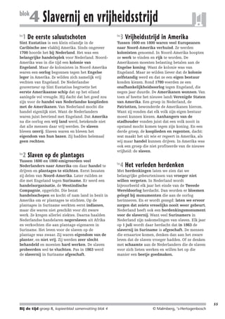 214719_BDT3_KB8_samenv

blok
les

08-07-2004

12:59

Pagina 55

4 Slavernij en vrijheidsstrijd

1 De eerste saluutschoten

Sint Eustatius is een klein eilandje in de
Caribische zee vlakbij Amerika. Sinds ongeveer
1700 hoorde het bij Nederland. Het was een
belangrijke handelsplek voor Nederland. NoordAmerika was in die tijd een kolonie van
Engeland. Maar de kolonisten in Noord-Amerika
waren een oorlog begonnen tegen het Engelse
leger in Amerika. Ze wilden zich namelijk vrij
vechten van Engeland. De Nederlandse
gouverneur op Sint Eustatius begroette het
eerste Amerikaanse schip dat op het eiland
aanlegde vol vreugde. Hij dacht dat het goed zou
zijn voor de handel van Nederlandse kooplieden
met de Amerikanen. Van Nederland mocht die
handel eigenlijk niet. Want de Nederlanders
waren juist bevriend met Engeland. Dat Amerika
na die oorlog een vrij land werd, betekende niet
dat alle mensen daar vrij werden. De slaven
bleven onvrij. Slaven waren en bleven het
eigendom van hun bazen. Zij hadden helemaal
geen rechten.
les

2 Slaven op de plantages

Tussen 1600 en 1800 emigreerden veel
Nederlanders naar Amerika om daar handel te
drijven en plantages te stichten. Eerst bezaten
zij delen van Noord-Amerika. Later ruilden ze
die met Engeland tegen Suriname. Er werd een
handelsorganisatie, de Westindische
Compagnie, opgericht. Die bezat
handelsschepen en kocht of nam land in bezit in
Amerika om er plantages te stichten. Op de
plantages in Suriname werkten eerst indianen,
maar die waren niet geschikt voor dit zware
werk. Ze kregen allerlei ziektes. Daarna haalden
Nederlandse handelaren negerslaven uit Afrika
en verkochten die aan plantage-eigenaren in
Suriname. Het leven voor de slaven op de
plantage was zwaar. Zij waren eigendom van de
planter, en niet vrij. Zij werden zeer slecht
behandeld en moesten hard werken. De slaven
probeerden wel te vluchten. Pas in 1863 werd
de slavernij in Suriname afgeschaft.

les

3 Vrijheidsstrijd in Amerika

Tussen 1600 en 1800 waren veel Europeanen
naar Noord-Amerika verhuisd. Ze werden
kolonisten genoemd. In Noord-Amerika hoopten
ze werk te vinden en rijk te worden. De
Amerikanen moesten belasting betalen aan de
Engelse koning. Want de kolonie was van
Engeland. Maar ze wilden liever dat de kolonie
zelfstandig werd en dat ze een eigen bestuur
konden kiezen. Rond 1780 voerden ze een
onafhankelijkheidsoorlog tegen Engeland, die
negen jaar duurde. De Amerikanen wonnen. Van
toen af heette het nieuwe land: Verenigde Staten
van Amerika. Een groep in Nederland, de
Patriotten, bewonderde de Amerikanen hierom.
Want zij vonden dat elk volk zijn eigen bestuur
moest kunnen kiezen. Aanhangers van de
stadhouder vonden juist dat een volk nooit in
opstand mocht komen tegen zijn koning. En een
derde groep, de kooplieden en regenten, dacht:
wat maakt het uit wie er regeert in Amerika, als
wij maar handel kunnen drijven. In Amerika was
ook een groep die niet profiteerde van de nieuwe
vrijheid: de slaven.
les

4 Het verleden herdenken

Met herdenkingen laten we zien dat we
belangrijke gebeurtenissen van vroeger niet
willen vergeten. In Nederland wordt
bijvoorbeeld elk jaar het einde van de Tweede
Wereldoorlog herdacht. Dan worden er bloemen
gelegd bij monumenten die aan de oorlog
herinneren. En er wordt gezegd: laten we ervoor
zorgen dat zoiets vreselijks nooit weer gebeurt.
Nederland heeft ook een herdenkingsmonument
voor de slavernij. Want veel Surinamers in
Nederland zijn nakomelingen van slaven. Elk jaar
op 1 juli wordt daar herdacht dat in 1863 de
slavernij in Suriname is afgeschaft. De mensen
die ernaartoe komen, denken dan aan het zware
leven dat de slaven vroeger hadden. Of ze denken
met schaamte aan de Nederlanders die de slaven
voor zich lieten werken en willen het op die
manier een beetje goedmaken.

55

Bij de tijd groep 8, kopieerblad samenvatting blok 4

© Malmberg, ‘s-Hertogenbosch

 