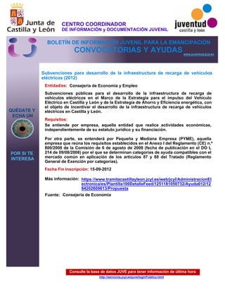 Consulte la base de datos JUVE para tener información de última hora
http://servicios.jcyl.es/juve/loginPublico.html
QUÉDATE Y
ECHA UN
POR SI TE
INTERESA
www.juventud.jcyl.es
CONVOCATORIAS Y AYUDAS
Subvenciones para desarrollo de la infraestructura de recarga de vehículos
eléctricos (2012)
Entidad/es:
Fecha Fin Inscripción:
Fuente:
Más información:
Requisitos:
Consejeria de Economia y Empleo
15-09-2012
Se entiende por empresa, aquella entidad que realice actividades económicas,
independientemente de su estatuto jurídico y su financiación.

Por otra parte, se entenderá por Pequeña y Mediana Empresa (PYME), aquella
empresa que reúna los requisitos establecidos en el Anexo I del Reglamento (CE) n.º
800/2008 de la Comisión de 6 de agosto de 2008 (fecha de publicación en el DO L
214 de 09/08/2008) por el que se determinan categorías de ayuda compatibles con el
mercado común en aplicación de los artículos 87 y 88 del Tratado (Reglamento
General de Exención por categorías).
Subvenciones públicas para el desarrollo de la infraestructura de recarga de
vehículos eléctricos en el Marco de la Estrategia para el impulso del Vehículo
Eléctrico en Castilla y León y de la Estrategia de Ahorro y Eficiencia energética, con
el objeto de incentivar el desarrollo de la infraestructura de recarga de vehículos
eléctricos en Castilla y León.
Consejería de Economía
https://www.tramitacastillayleon.jcyl.es/web/jcyl/AdministracionEl
ectronica/es/Plantilla100DetalleFeed/1251181050732/Ayuda012/12
84202609613/Propuesta
CENTRO COORDINADOR
DE INFORMACIÓN y DOCUMENTACIÓN JUVENIL
BOLETÍN DE INFORMACIÓN JUVENIL PARA LA EMANCIPACIÓN
 