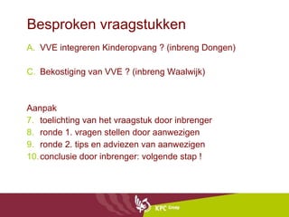 Besproken vraagstukken VVE integreren Kinderopvang ? (inbreng Dongen) Bekostiging van VVE ? (inbreng Waalwijk) Aanpak toelichting van het vraagstuk door inbrenger ronde 1. vragen stellen door aanwezigen ronde 2. tips en adviezen van aanwezigen conclusie door inbrenger: volgende stap ! 
