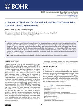 BOHR International Journal of General and Internal Medicine
2022, Vol. 1, No. 1, pp. 29–41
https://doi.org/10.54646/bijgim.007
www.bohrpub.com
A Review of Childhood Ocular, Orbital, and Surface Tumors With
Updated Clinical Management
Soma Rani Roy∗ and Fahmida Huque
Oculoplastics & Ocular Oncology Dept, Chittagong Eye Infirmary, Bangladesh
∗Corresponding author: dr.somaroy2020@gmail.com
Abstract. Childhood tumor differs from adult tumor but has a wide range of varieties in types and presentations due
to their origin from different embryogenic layers. As pediatric patients mostly depend on their parents or caregivers
for seeking medical attention, many ocular tumors present with an unnecessary delay. Most childhood ocular tumors
are benign, but there are also life-threatening tumors. In this study, a variety of intraocular, orbital, and surface
tumors are reviewed, with their key signs of diagnosis and current treatment modalities. Though most of these
tumors are present at tertiary eye hospitals, the overall knowledge about these tumors can help ophthalmologists in
diagnosis and proper referral.
Keywords: Childhood tumor, retinoblastoma, rhabdomyosarcoma, dermoid cyst, conjunctival nevus.
INTRODUCTION
Though childhood cancer is rare, approximately 400,000
children (0–19 years) develop cancer each year [1, 2]. In
the United States, the incidence rate of childhood cancer in
1975 was about 0.8% per year, which showed an increasing
trend from 1997 to 2018 and 1% [3]. After an accident,
childhood cancer is the 2nd most common cause of child
death in children under 15 years of age [4]. According to
the American Cancer Society, in 2022, there will be about
3,360 new cases of eye cancer in the United States [5]. In
the United Kingdom, eye cancer is not among the 20 most
common cancers, accounting for less than 1% of all new
cancer cases (2016–2018) [6]. In India, the incidence of eye
cancer is estimated to be <0.5% [7]. Pediatric ocular tumor
is less common in comparison to the adult tumor and
also varies in type. One study from the United Kingdom
showed the annual incidence of eye cancer under 15 years
was 3.5/1,000,000, but it was 11.8/1,000,000 in the case
of under 5 years [8]. Benign tumors are more common in
children than malignant ones. Metastatic tumors also affect
them, and the common site of deposition is orbit. Dermoid
cysts, retinoblastoma, and leukemia are the most com-
monly benign, malignant, and metastatic ocular tumors in
children, respectively.
Common childhood tumors with their epidemiology,
presentation and recent management are reviewed here.
CLASSIFICATION
There are differences in the site of origin and the time
of presentation of ocular tumors between the pediatric
group and adults. Some tumors are congenital and some
are acquired. Although congenital tumors usually appear
at birth or shortly after birth, they may present lately when
a complication arises. The pediatric tumor can be classified
as a tumor or tumor-like lesion of orbit, intraocular tumor,
and surface tumor (Tables 1, 2, and 3).
Table 1. Childhood intraocular tumor.
Retinoblastoma
Medulloepithelioma (iris & ciliary body)
Astrocytoma
Xanthogranuloma of iris
Congenital hypertrophy of retinal pigment epithelium
Combined hamartoma of the retina and retinal pigment epithelium
Congenital melanocytosis
Retinal hemangioblastoma
Retinal cavernous hemangioma
Choroidal hemangioma
Adopted from: WHO classification 2018.
29
 