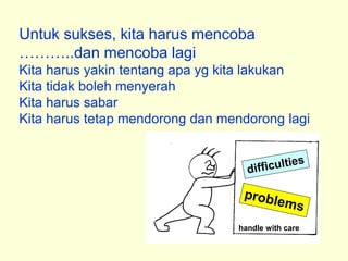 Untuk sukses, kita harus mencoba
………..dan mencoba lagi
Kita harus yakin tentang apa yg kita lakukan
Kita tidak boleh menyerah
Kita harus sabar
Kita harus tetap mendorong dan mendorong lagi
handle with care
 