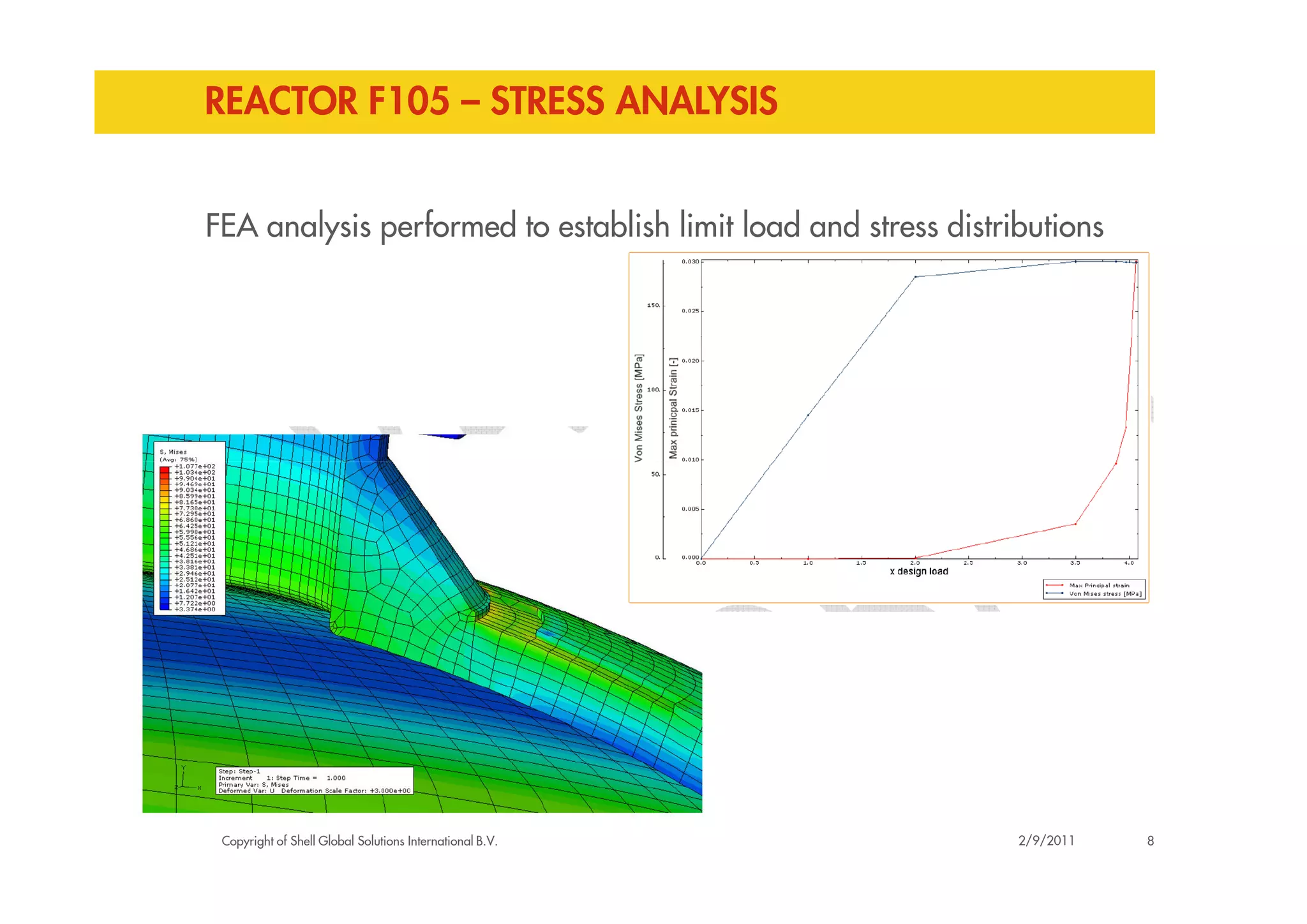 REACTOR F105 – STRESS ANALYSIS
FEA analysis performed to establish limit load and stress distributions
Copyright of Shell Global Solutions International B.V. 82/9/2011
 