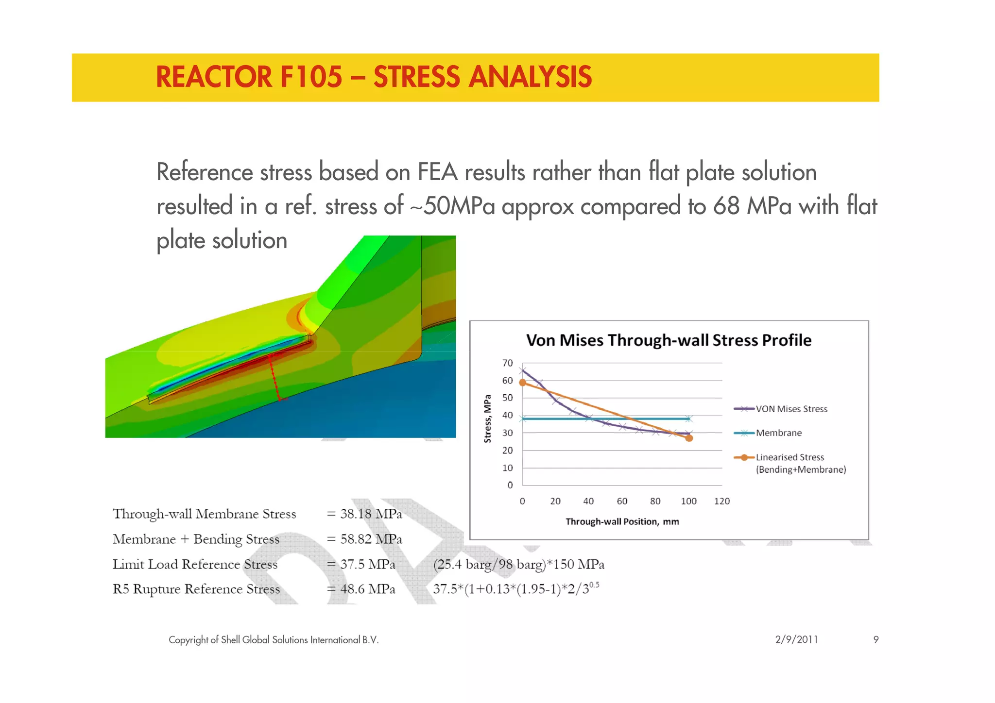 REACTOR F105 – STRESS ANALYSIS
Reference stress based on FEA results rather than flat plate solution
resulted in a ref. stress of ∼50MPa approx compared to 68 MPa with flat
plate solution
Copyright of Shell Global Solutions International B.V. 92/9/2011
 