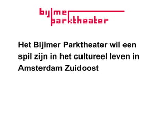 Het Bijlmer Parktheater wil een
spil zijn in het cultureel leven in
Amsterdam Zuidoost
 