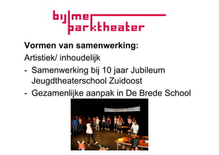 Vormen van samenwerking:
Artistiek/ inhoudelijk
-  Samenwerking bij 10 jaar Jubileum
   Jeugdtheaterschool Zuidoost
-  Gezamenlijke aanpak in De Brede School
 