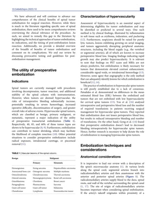 10.54646/bijnn.2023.10 73
We have advanced and will continue to advance our
comprehension of the clinical benefits of spinal tumor
embolization for surgical resection. However, while there
is much in the literature regarding specific uses of spinal
embolization, there need to be more comprehensive reviews
overviewing the clinical relevance of the procedure. As
such, we aimed to remedy this gap in the literature by
highlighting the technical approaches of tumor embolization,
its indications, and the timing of post-embolization lesion
resection. Additionally, we provide a detailed overview
of the breadth of benefits of tumor embolization and
comment on its complications. We end our review by
discussing provocative testing and guidelines for post-
embolization management.
The utility of preoperative
embolization
Indications
Spinal tumors are currently managed with procedures
involving decompression, tumor resection, and additional
stability of the spinal column with instrumentation.
However, when tumors are deemed hypervascular, the
risks of intraoperative bleeding substantially increase,
potentially resulting in severe hemorrhage, increased
operative difficulty, discontinuation of surgery, and greater
overall risks of adverse events. Hypervascular spinal tumors,
which are classified as benign, primary malignant, or
metastatic, represent a major indication of the utility
of preoperative transarterial embolization (Table 1).
Respectively, 40, 85, and 60% of these tumor types are
shown to be hypervascular (8, 9). Furthermore, embolization
can contribute to tumor shrinking, which may facilitate
the likelihood of complete resection (10). Other potential
situations to consider preoperative embolization include
radical exposure, intralesional curettage, or piecemeal
removal (11).
TABLE 1 | Vascular lesions of the spinal column.
Benign Malignant
Primary Metastatic
Hemangiomas Ewing sarcoma Hepatocellular carcinoma
Aneurysmal bone cyst Osteogenic sarcoma Multiple myeloma
Osteochondroma Chondrosarcoma Thyroid carcinoma
Osteoid osteoma Hemangiopericytoma Renal cell carcinoma
Osteoblastoma Chordoma Breast cancer
Paraganglioma Plasmacytoma Sarcoma
Giant cell tumor Giant cell tumor Melanoma
Chondromas Lymphoma Neuroendocrine tumor
Characterization of hypervascularity
Assessment of hypervascularity is an essential aspect of
determining eligibility for tumor embolization and may
be identified or predicted in several ways. One such
method is by clinical findings, illustrated by inflammation
in soft tissue such as erythema, induration, and puckering
(12). Furthermore, suspicions should be raised for purely
lytic tumors, lesions exhibiting growing on serial imaging,
and tumors aggressively disrupting peripheral anatomic
structures, including the blood supply (e.g., the vertebral
or segmental arteries), all of which are known to increase
perioperative blood loss. Imaging findings indicating rapid
growth may also predict hypervascularity. It is relevant
to note that findings on PET scans and MRIs are not
always predictive, but embolization is likely necessary for
tumors that demonstrate elevated contrast enhancement,
considerable signal voids, or intralesional hemorrhage (13).
However, some agree that angiography is the only method
that can adequately identify lesions for which embolization is
beneficial (12, 14).
The practice of embolization in hypovascular spine tumors
is still poorly established due to a lack of consensus.
Patsalides et al. demonstrated no differences in the mean
estimated blood loss (EBL) between the embolized and
tumors that are not embolized with low hypervascularity
for cervical spine tumors (15). Yoo et al. (16) analyzed
intraoperative and perioperative blood loss and the number
of required transfusions in patients receiving surgical
management for hypovascular spine tumors. They reported
that embolization does not lessen perioperative blood loss,
but results in reduced intraoperative bleeding and number
of transfusions. On the other hand, Gong et al. (14) found
that preoperative embolization doesn’t lead to decreased
bleeding intraoperatively for hypervascular spine tumors.
Hence, further research is necessary to help dictate the role
of embolization in managing hypovascular spine tumors.
Embolization techniques and
considerations
Anatomical considerations
It is imperative to lead our review with a description of
the spine’s microvascular anatomy (1). At various levels
along the spinal cord, segmental arteries branch into
radiculomedullary arteries and then anastomose with the
anterior and posterior spinal arteries (Figure 1). The
radiculomedullary arteries supply blood to the dura, spinal
roots, and wall of the vertebar surrounding the spinal canal
(1, 17). The site of origin of radiculomedullary arteries
becomes important when considering spinal embolization.
If the artery’s takeoff originates within proximity of a
 