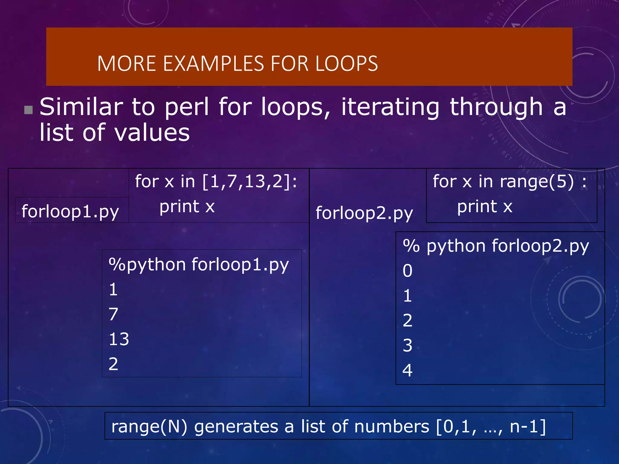 MORE EXAMPLES FOR LOOPS
 Similar to perl for loops, iterating through a
list of values
for x in [1,7,13,2]:
print x forloop2.py
for x in range(5) :
print x
forloop1.py
%python forloop1.py
1
7
13
2
% python forloop2.py
0
1
2
3
4
range(N) generates a list of numbers [0,1, …, n-1]
 
