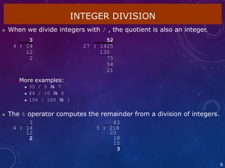INTEGER DIVISION
6
 When we divide integers with / , the quotient is also an integer.
3 52
4 ) 14 27 ) 1425
12 135
2 75
54
21
 More examples:
 35 / 5 is 7
 84 / 10 is 8
 156 / 100 is 1
 The % operator computes the remainder from a division of integers.
3
4 ) 14
12
2
43
5 ) 218
20
18
15
3
 