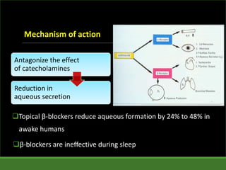 β-blockers are ineffective during sleep
Topical β-blockers reduce aqueous formation by 24% to 48% in
awake humans
Antagonize the effect
of catecholamines
Reduction in
aqueous secretion
Mechanism of action
 