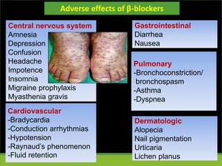 Adverse effects of β-blockers
Cardiovascular
-Bradycardia
-Conduction arrhythmias
-Hypotension
-Raynaud’s phenomenon
-Fluid retention
Pulmonary
-Bronchoconstriction/
bronchospasm
-Asthma
-Dyspnea
Central nervous system
Amnesia
Depression
Confusion
Headache
Impotence
Insomnia
Migraine prophylaxis
Myasthenia gravis
Gastrointestinal
Diarrhea
Nausea
Dermatologic
Alopecia
Nail pigmentation
Urticaria
Lichen planus
 