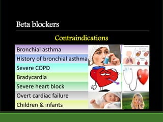Beta blockers
Bronchial asthma
History of bronchial asthma
Severe COPD
Bradycardia
Severe heart block
Overt cardiac failure
Children & infants
Contraindications
 
