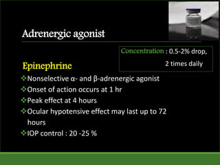 Adrenergic agonist
Epinephrine
Nonselective α- and β-adrenergic agonist
Onset of action occurs at 1 hr
Peak effect at 4 hours
Ocular hypotensive effect may last up to 72
hours
IOP control : 20 -25 %
Concentration : 0.5-2% drop,
2 times daily
 