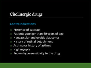 o Presence of cataract
o Patients younger than 40 years of age
o Neovascular and uveitic glaucoma
o History of retinal detachment
o Asthma or history of asthma
o High myopia
o Known hypersensitivity to the drug
Cholinergic drugs
Contraindications
 