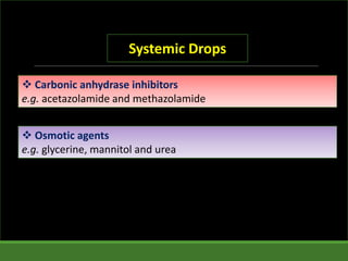  Carbonic anhydrase inhibitors
e.g. acetazolamide and methazolamide
 Osmotic agents
e.g. glycerine, mannitol and urea
Systemic Drops
 