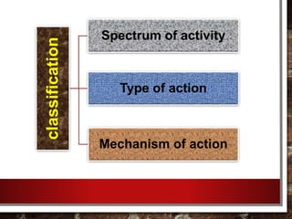classification
Spectrum of activity
Type of action
Mechanism of action
 