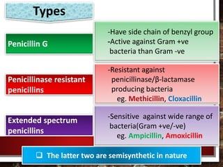 Penicillin G
Penicillinase resistant
penicillins
Extended spectrum
penicillins
-Have side chain of benzyl group
-Active against Gram +ve
bacteria than Gram -ve
-Resistant against
penicillinase/β-lactamase
producing bacteria
eg. Methicillin, Cloxacillin
 The latter two are semisynthetic in nature
-Sensitive against wide range of
bacteria(Gram +ve/-ve)
eg. Ampicillin, Amoxicillin
Types
 