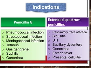 o Pneumococcal infection
o Streptococcal infection
o Meningococcal infection
o Tetanus
o Gas gangrene
o Syphilis
o Gonorrhea
o Respiratory tract infection
o Sinusitis
o UTI
o Bacillary dysentery
o Gonorrhea
o Enteric fever
o Preseptal cellulitis
Penicillin G
Extended spectrum
penicillins
Indications
 