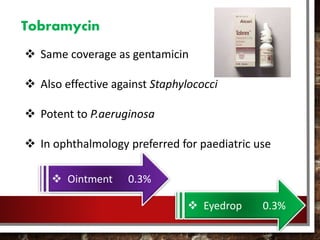Tobramycin
 Same coverage as gentamicin
 Also effective against Staphylococci
 Potent to P.aeruginosa
 In ophthalmology preferred for paediatric use
 Ointment 0.3%
 Eyedrop 0.3%
 