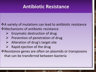 A variety of mutations can lead to antibiotic resistance
Mechanisms of antibiotic resistance
 Enzymatic destruction of drug
 Prevention of penetration of drug
 Alteration of drug's target site
 Rapid ejection of the drug
Resistance genes are often on plasmids or transposons
that can be transferred between bacteria
Antibiotic Resistance
 