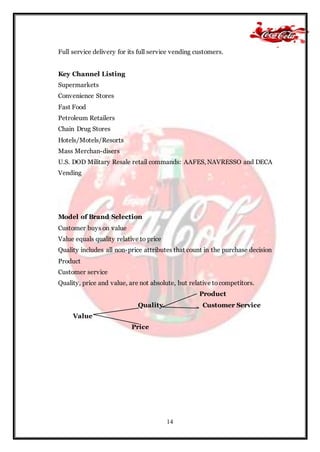 14
Full service delivery for its full service vending customers.
Key Channel Listing
Supermarkets
Convenience Stores
Fast Food
Petroleum Retailers
Chain Drug Stores
Hotels/Motels/Resorts
Mass Merchan-disers
U.S. DOD Military Resale retail commands: AAFES, NAVRESSO and DECA
Vending
Model of Brand Selection
Customer buys on value
Value equals quality relative to price
Quality includes all non-price attributes that count in the purchase decision
Product
Customer service
Quality, price and value, are not absolute, but relative tocompetitors.
Product
Quality Customer Service
Value
Price
 