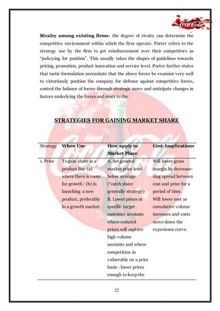 22
Rivalry among existing firms- the degree of rivalry can determine the
competitive environment within which the firm operate. Porter refers to the
strategy use by the firm to get reimbursement over their competitors as
“jockeying for position”. This usually takes the shapes of guidelines towards
pricing, promotion, product innovation and service level. Porter further states
that tactic formulation necessitate that the above forces be examine very well
to victoriously position the company for defense against competitive forces,
control the balance of forces through strategic move and anticipate changes in
factors underlying the forces and react to the.
STRATEGIES FOR GAINING MARKET SHARE
Strategy When Use How apply in
Market Place
Cost-Implications
1. Price Togain share in a
product line (a)
where there is room
for growth : (b) in
launching a new
product, preferably
in a growth market.
A. Set general
market price level
below average
(“catch share
generally strategy)
B. Lower prices at
specific target
customer accounts
where reduced
prices will capture
high volume
accounts and where
competition in
vulnerable on a price
basis : lower prices
enough to keep the
Will lower gross
margin by decrease-
sing spread between
cost and price for a
period of time.
Will lower cost as
cumulative volume
increases and costs
move down the
experience curve.
 
