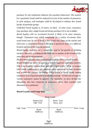 26
purchase fit and satisfaction influence the purchase behaviours .The market
for a particular brand could be analyzed in terms of the number of consumers
in each category, and strategies could be developed to enhance ibex brand
loyalty of particular groups.
Undivided brand loyalty is, of course, an ideal. In some cases, consumers
may purchase only a single brand and forego purchase if it is not available.
Brand loyalty with an occasional Swatch is likely to be more common,
though. Consumers may switch occasionally for a variety of reasons: their
usual brand may be out of stock, a new brand may come on the market and
tried once, a competitive brand is offered at a special low price, or a different
brand is purchased for a special occasion.
Brand-loyalty switches are a competitive goal in low-growth or declining
markets. However, switching loyalty from one to another of the brands of the
same firm can be advantageous.
Divided brand loyalty refers to consistent purchase of two or more brands.
Brand indifference refers to purchases with no apparent repurchase pattern.
This is the opposite extreme from undivided brand loyalty. While we suspect
total brand indifference is not common, some consumers of some products
may exhibit this pattern. Developing a high degree of brand loyalty among
consumers is an important goal of marketing strategy. Yet the rate of usage by
various consumers cannot be ignored. For simplicity, we have divided the
dimensions into four categories of consumers rather than consider each
dimension as a continuum.
Brand Loyalty and Usage Rate
Brand Loyalty
Brand - loyal,
Heavy users
Brand-Loyal,
Light Users
Light Usage
Brand-
Indifferent,
light users
Brand-
Indifferent,
heavy-users
Heavy Usage
Brand
Indifference
 
