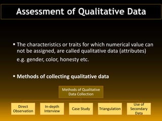  The characteristics or traits for which numerical value can
not be assigned, are called qualitative data (attributes)
e.g. gender, color, honesty etc.
 Methods of collecting qualitative data
Methods of Qualitative
Data Collection
Direct
Observation
In-depth
Interview
Case Study Triangulation
Use of
Secondary
Data
Assessment of Qualitative Data
 
