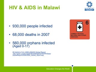 HIV & AIDS in Malawi 930,000 people infected 68,000 deaths in 2007 560,000 orphans infected (Aged 0-17) All statistics from  2008 UNAIDS Global Report :  http://www.unaids.org/en/KnowledgeCentre/HIVData/ GlobalReport/2008/2008_Global_report.asp 
