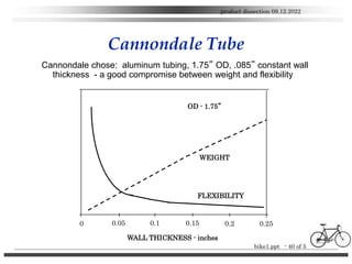bike1.ppt - 40 of 5
product dissection 09.12.2022
Cannondale Tube
Cannondale chose: aluminum tubing, 1.75” OD, .085” const...