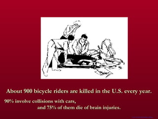 About 900 bicycle riders are killed in the U.S. every year. 90% involve collisions with cars,  and 75% of them die of brain injuries. 21st TAACOM Safety Office 