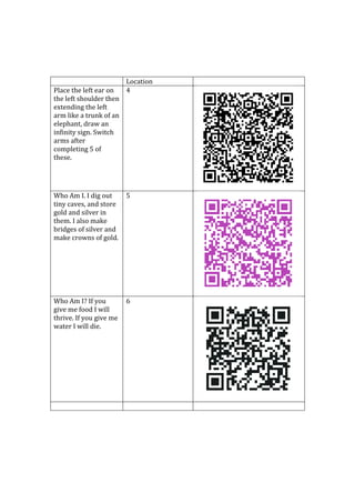 Location
Place the left ear on  4
the left shoulder then
extending the left
arm like a trunk of an
elephant, draw an
infinity sign. Switch
arms after
completing 5 of
these.




Who Am I. I dig out      5
tiny caves, and store
gold and silver in
them. I also make
bridges of silver and
make crowns of gold.




Who Am I? If you         6
give me food I will
thrive. If you give me
water I will die.
 