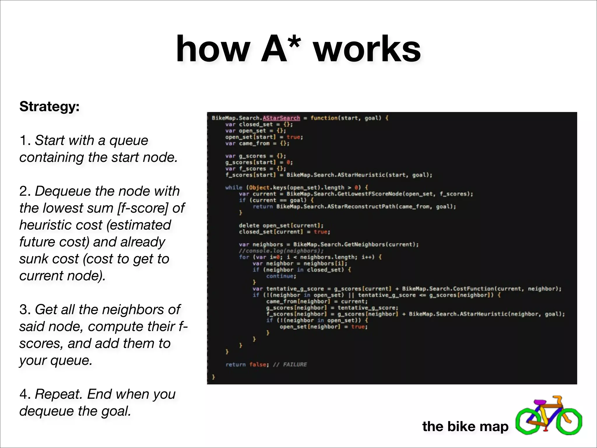 how A* works
Strategy:

1. Start with a queue
containing the start node.

2. Dequeue the node with
the lowest sum [f-score] of
heuristic cost (estimated
future cost) and already
sunk cost (cost to get to
current node).

3. Get all the neighbors of
said node, compute their f-
scores, and add them to
your queue.

4. Repeat. End when you
dequeue the goal.
                                        the bike map
 