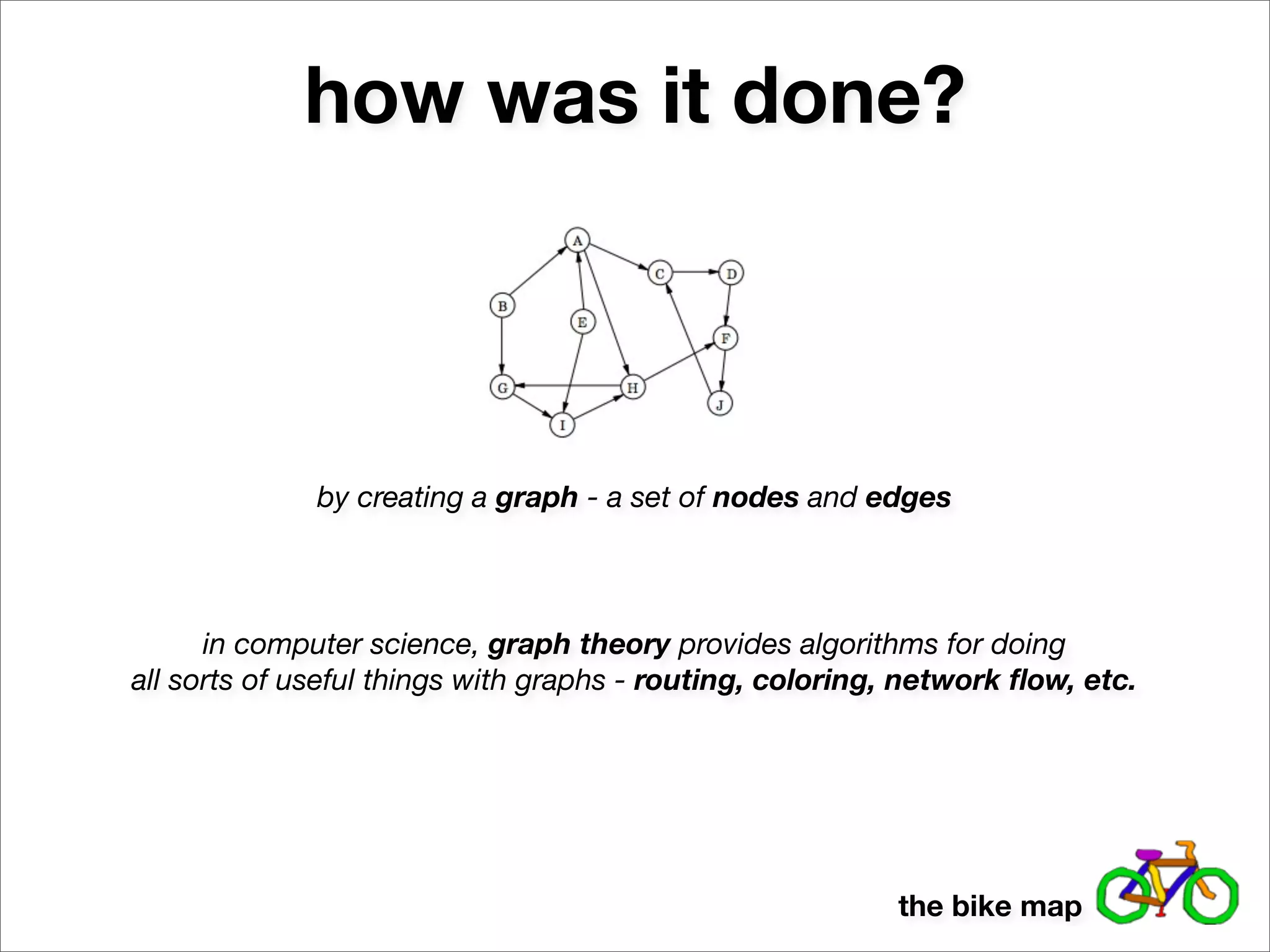 how was it done?



              by creating a graph - a set of nodes and edges



      in computer science, graph theory provides algorithms for doing
all sorts of useful things with graphs - routing, coloring, network ﬂow, etc.




                                                          the bike map
 