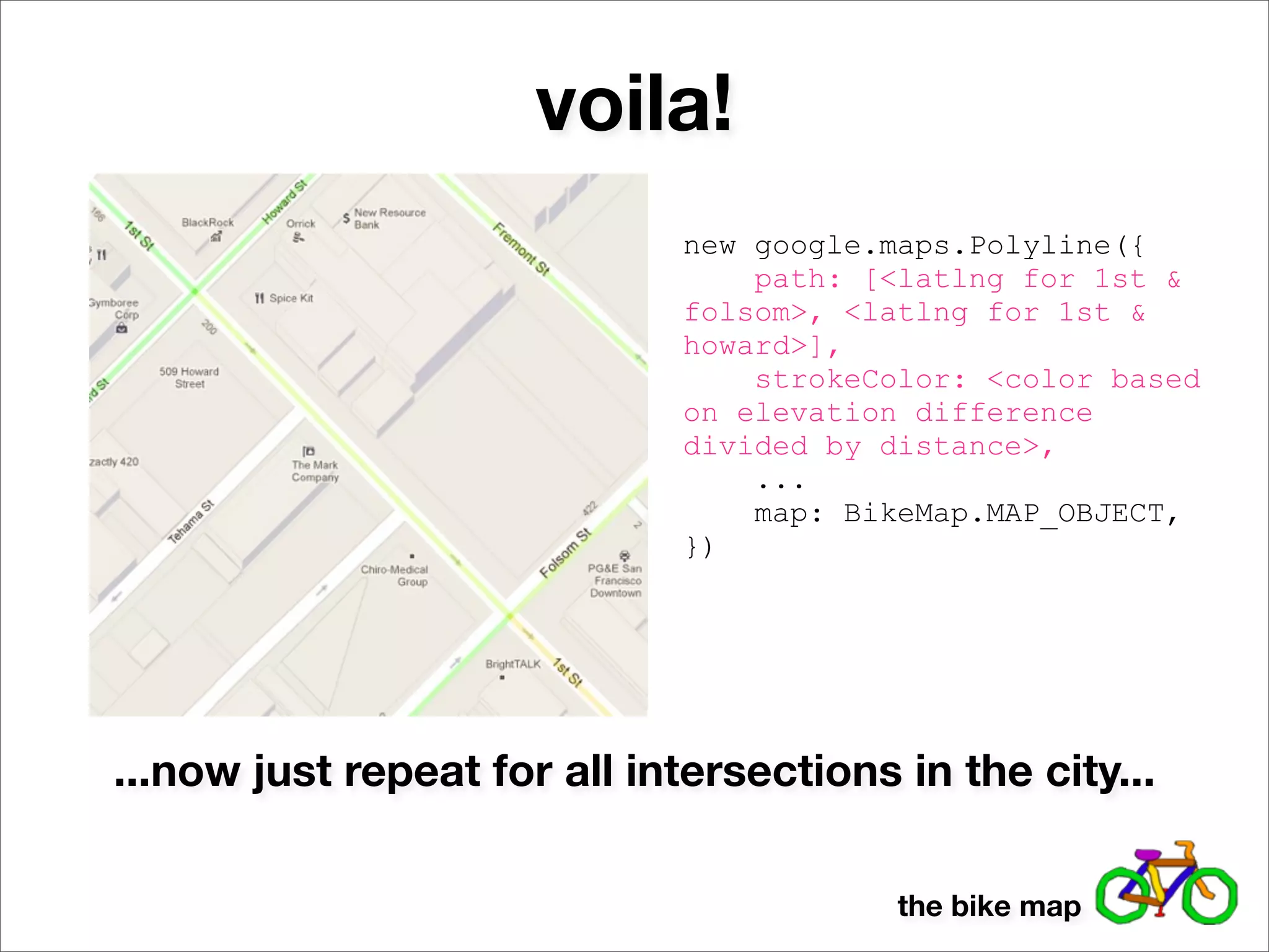 voila!
                              new google.maps.Polyline({
                                  path: [<latlng for 1st &
                              folsom>, <latlng for 1st &
                              howard>],
                                  strokeColor: <color based
                              on elevation difference
                              divided by distance>,
                                  ...
                                  map: BikeMap.MAP_OBJECT,
                              })




...now just repeat for all intersections in the city...

                                          the bike map
 