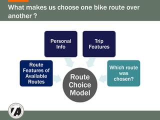 What makes us choose one bike route over
another ?


                  Personal      Trip
                    Info      Features


      Route
                                     Which route
    Features of
                                        was
     Available           Route        chosen?
      Routes
                         Choice
                         Model
 
