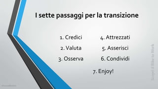 I sette passaggi per la transizione
1. Credici
2.Valuta
3. Osserva
4. Attrezzati
5. Asserisci
6. Condividi
7. Enjoy!
ScopriilBiketoWork
©SerendiBici2019
 