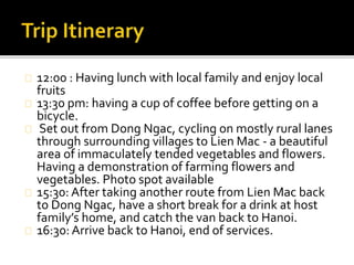 12:00 : Having lunch with local family and enjoy local
fruits
13:30 pm: having a cup of coffee before getting on a
bicycle.
Set out from Dong Ngac, cycling on mostly rural lanes
through surrounding villages to Lien Mac - a beautiful
area of immaculately tended vegetables and flowers.
Having a demonstration of farming flowers and
vegetables. Photo spot available
15:30: After taking another route from Lien Mac back
to Dong Ngac, have a short break for a drink at host
family’s home, and catch the van back to Hanoi.
16:30: Arrive back to Hanoi, end of services.
 