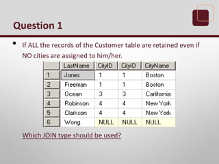 Question 1
• If ALL the records of the Customer table are retained even if
NO cities are assigned to him/her.
Which JOIN type should be used?
 